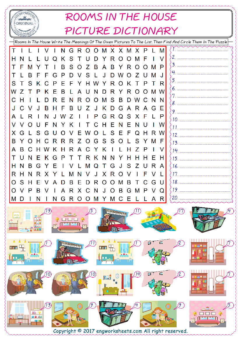  For kids, check the picture of Rooms In The House find, and write the word and find it in the word puzzle ESL printable worksheet. 